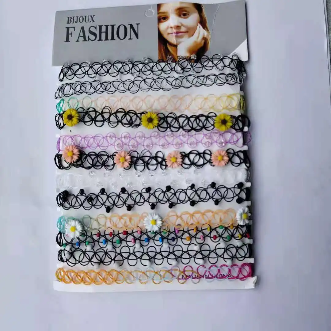 12Pcs/Set Colorful Collar Stretch Tattoo Choker Necklace Women Punk Gothic Elastic Hollow Fishline Flower Pendants Necklaces