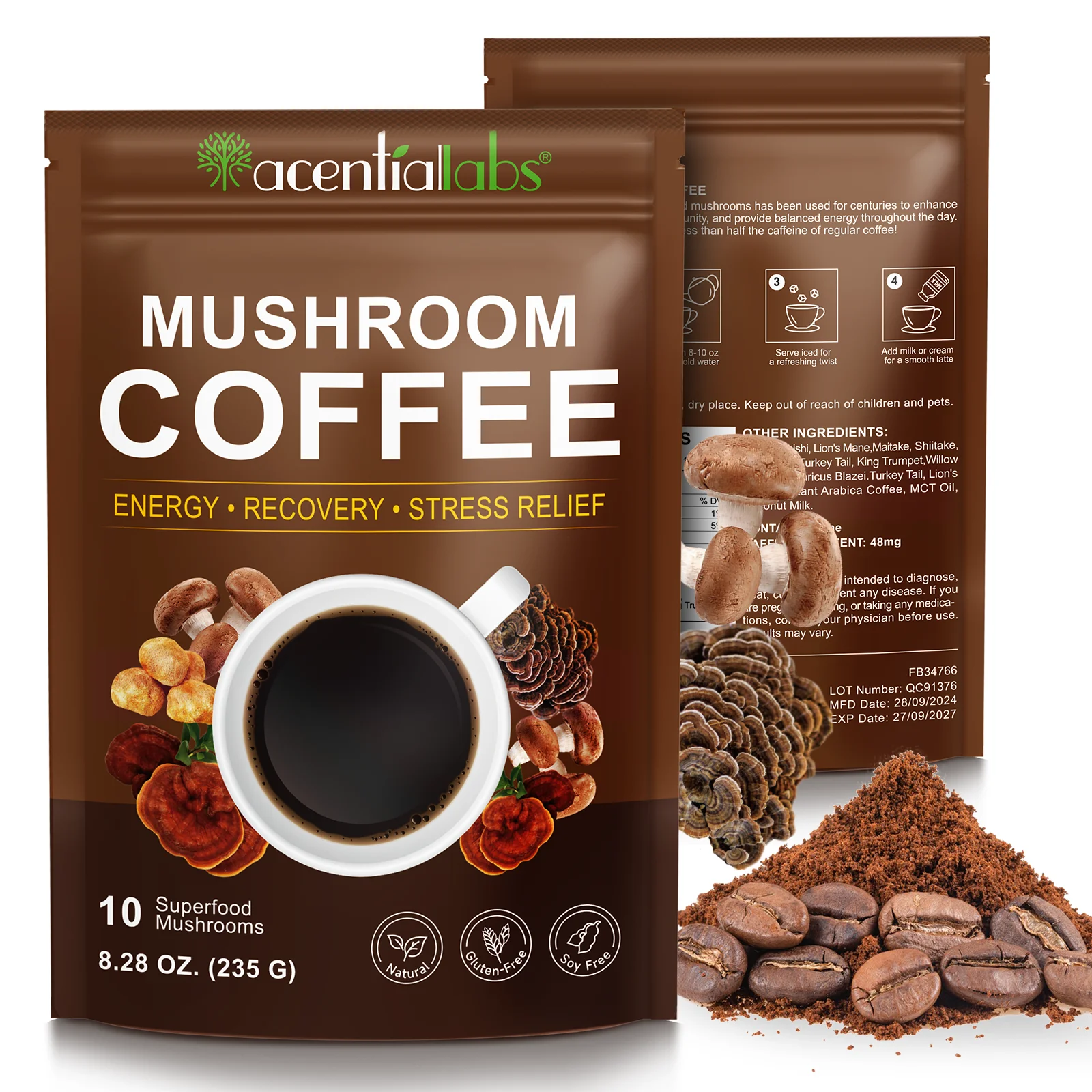 Acentiallabs stress relief energy recovery mushroom coffee weight loss organic 10 in 1 instant reishi mushroom coffee powder