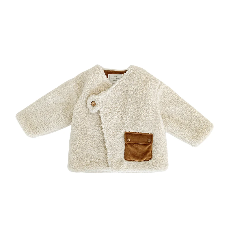 D1211 Top quality fancy design kids  fur winter  coat garment  girls warm lamb wool coat with cute pocket