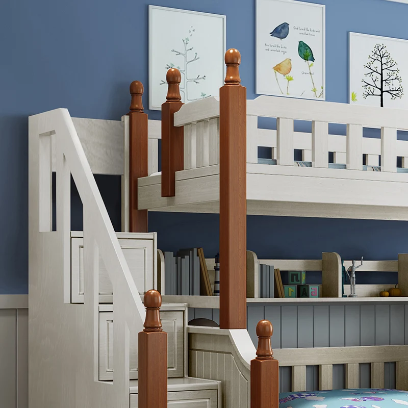 Full solid wood 1.35 1.5 bunk bed for kids with storage cabinet and ladder wooden furniture designs