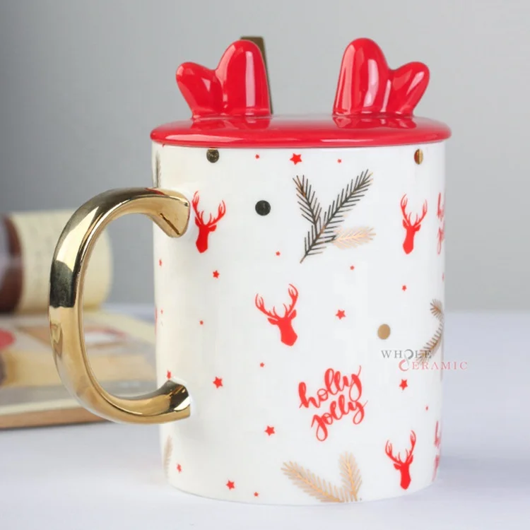 A Grade Novel Christmas Gift Gold Handle 3D Ceramic Coffee Mug with Lid and Spoon Custom Cup Small MOQ Manufacturer