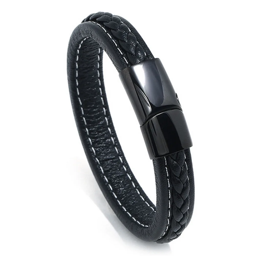 Wholesale Stainless Steel Magnetic Clasp Wristband Black Steel Wire Braided Plain Leather Bracelets