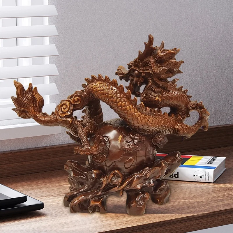 Traditional Chinese Feng shui figurines decorated wood grain color resin dragon statue crafts home decoration sculpture