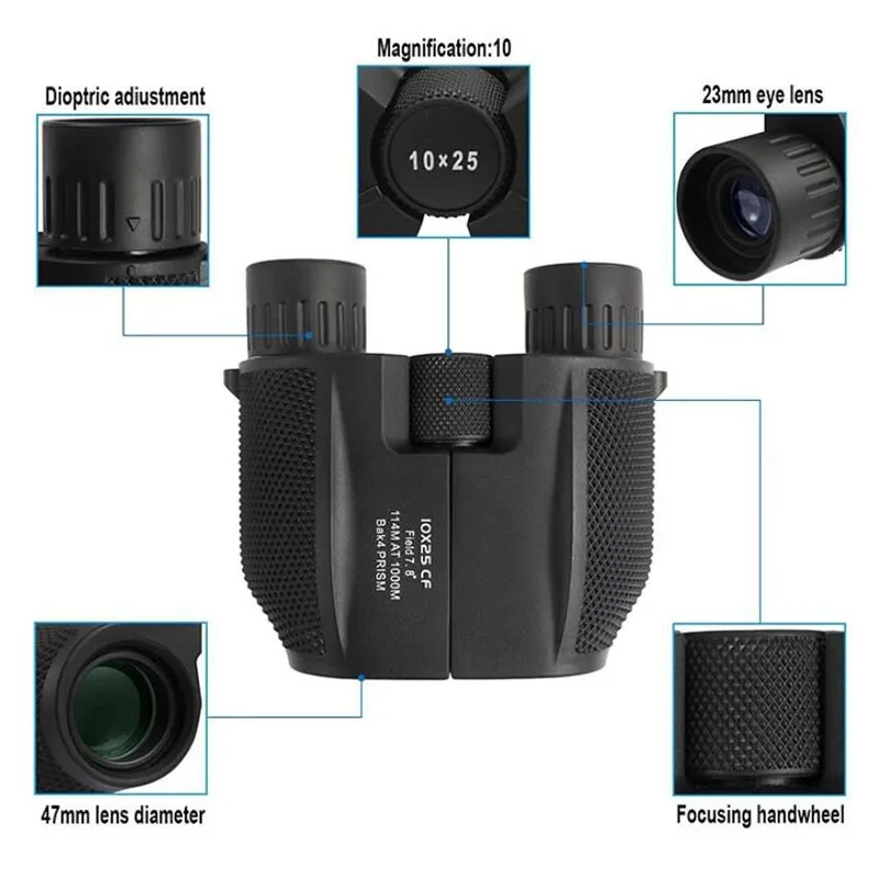 Binoculars 10X25 BAK4 Prism High Powered Zoom Binoculars Portable Hunting Telescope Pocket Scope For Sports
