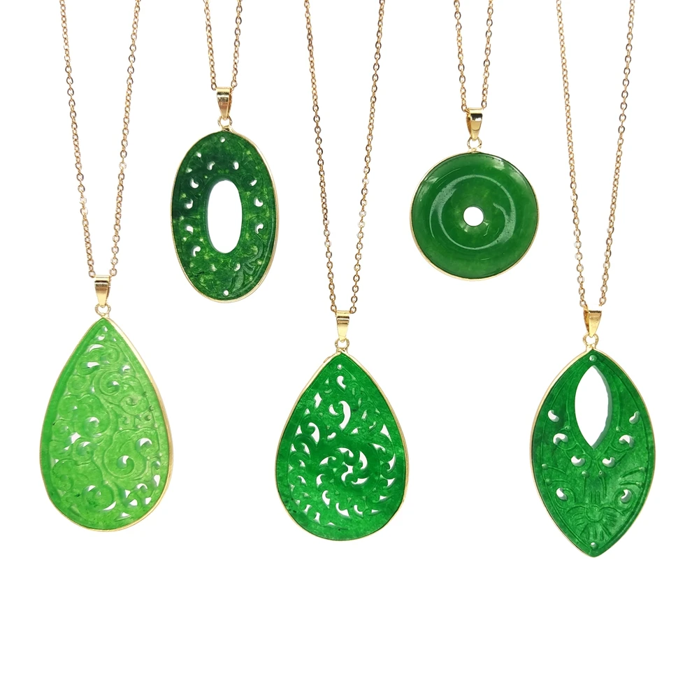wholesale natural crystal green jade stone slice pendant carved Chinese style gemstone bezel oval donut pendant gold necklace