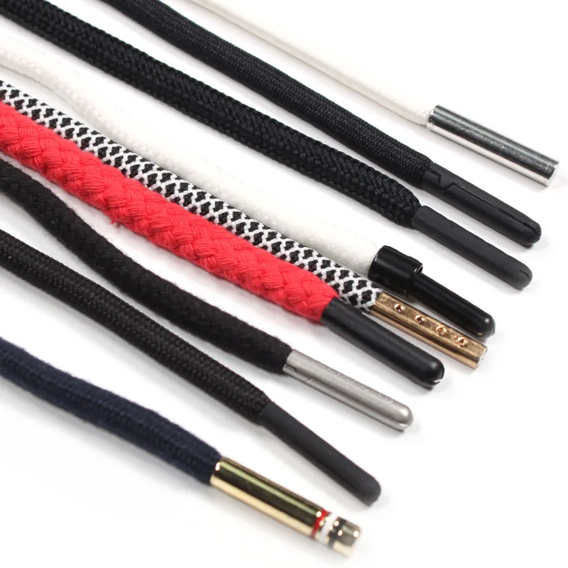 Custom Polyester Cord Colored Fancy Round Draw Cords Hoodie String Rope Drawcord with Metal Shoes and Bags OPP Bag Woven Coated