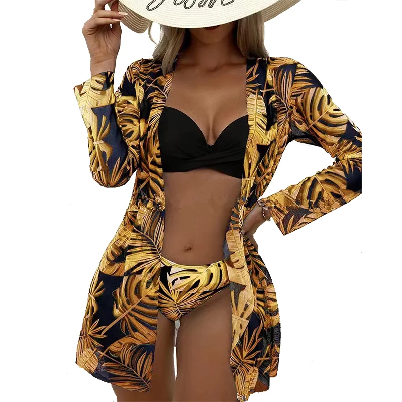 European and American three piece swimsuit bikini shawl mesh split bikini sexy backless hard wrap long sleeved swimsuit