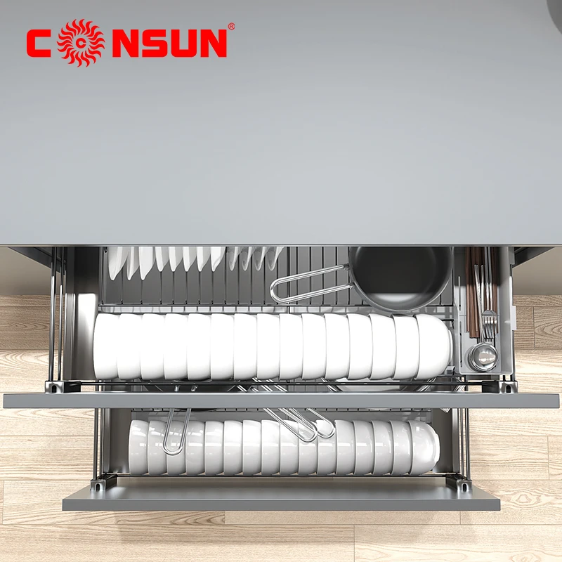 Drawer Type Bowl Dish And Basket Aluminum Pull Out Dish Drawer Basket Multifunctional Kitchen Dish Storage Drawer Basket