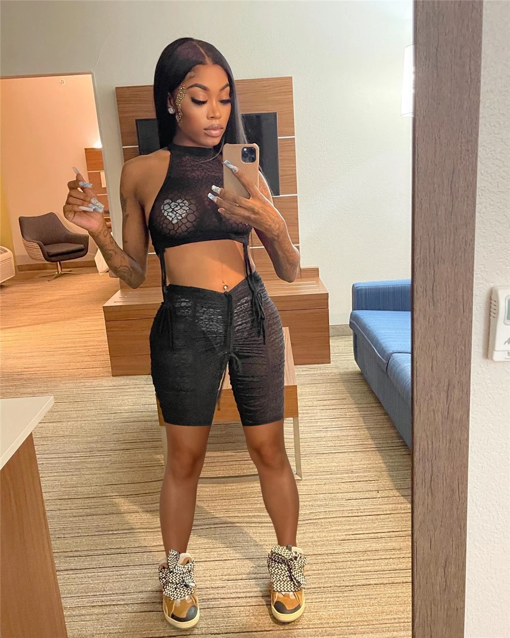 MD-2Sexy Outfits Women Party Club Wear Matching Sets Crop Tank Tops and Biker Shorts Sheer Mesh See Through Women Two Piece Sets