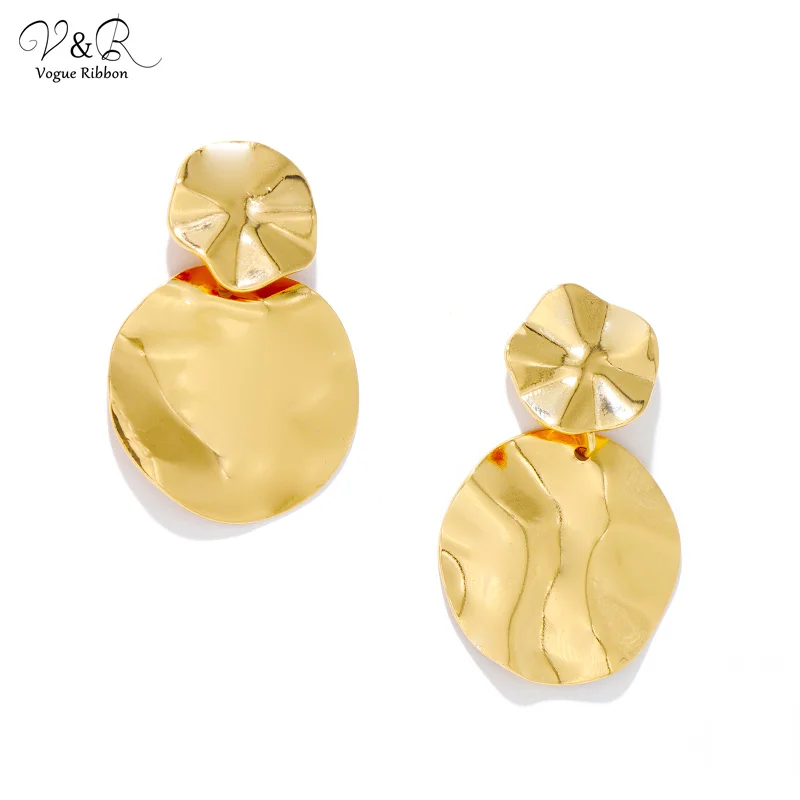 V&R Gold Plated Geometric Wave Hammered Textured Metal Plate Drop Dangle Earring for Women