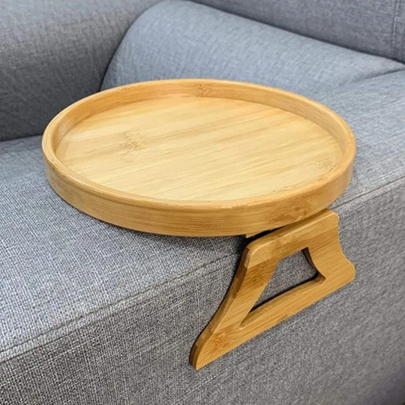 Eco-friend bamboo folding tray sofa armrest clip tray round table wooden couch tray