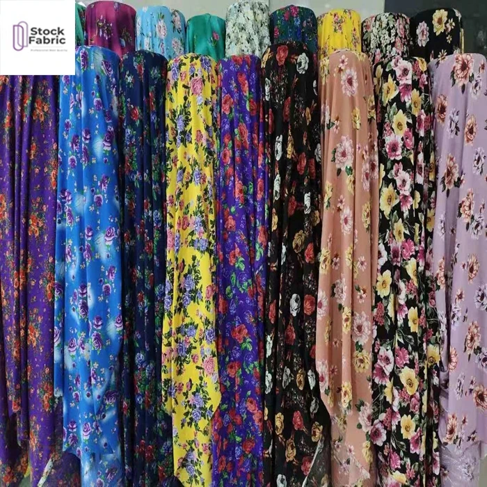Polyester colorful woven small moss crepe print stock fabric for dress