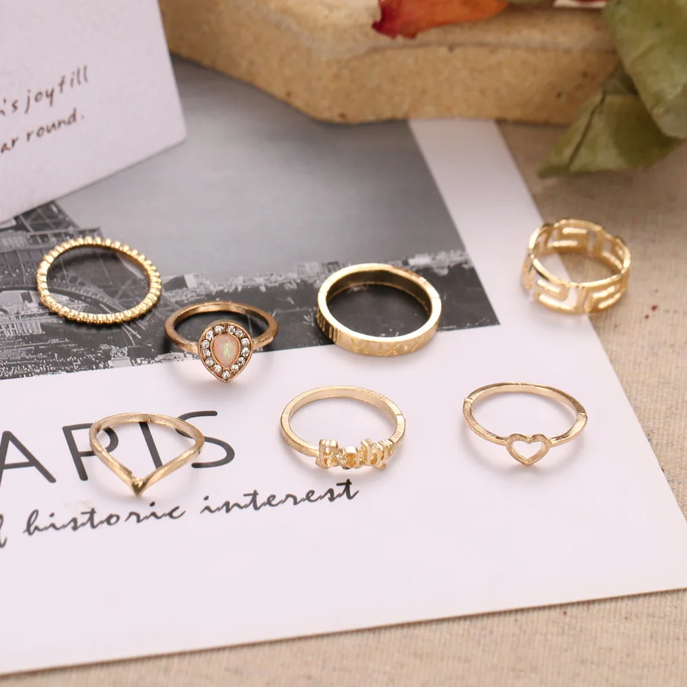 Aug jewelry European and American hot-selling new creative geometric baby love letter ring set 7-piece ring