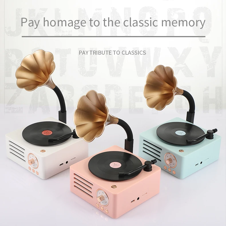 2021 Retro Vinyl Record Player Wireless Speaker Mini Portable Stereo Classic Style Cute Macaron Speaker & Horn For Home