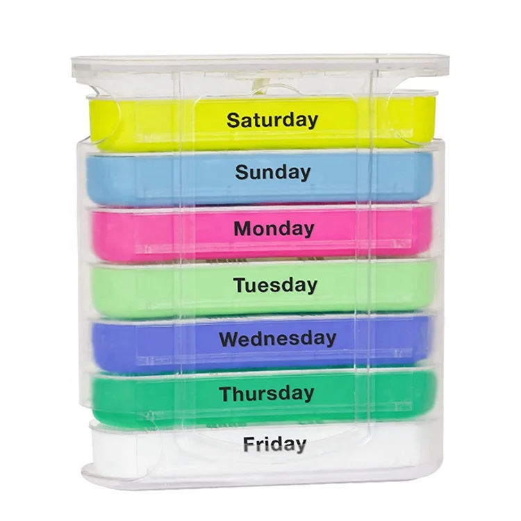 Portable Transparent Support rainbow 7-layer 28 Grid Pill Manager Stackable Drawer Moisture-proof Plastic