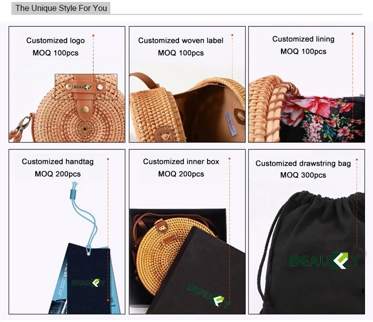 Custom Summer Vacation 2022 Round Straw Bag Bamboo Diy Women Sling Handmade Bags African Vietnam Beach Woven Bali Rattan Bag