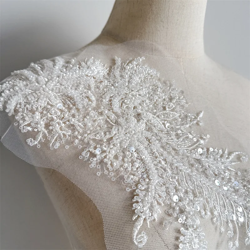 1 Piece White Flower Beaded Embroidery Sew on Organza Patches Applique for Wedding Dress