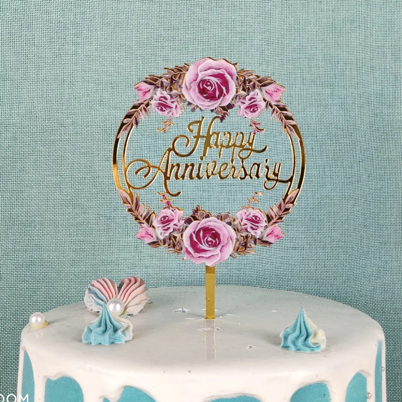 LOW MOQ cake decoration flower design printed acrylic cake topper birthday