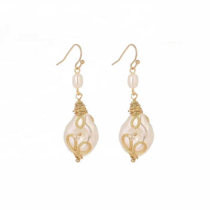 Vintage Chinese Style 18K Gold Wire Wrapped Shaped Baroque Pearl Drop Earrings Steel Hook Dangle Earrings for Women