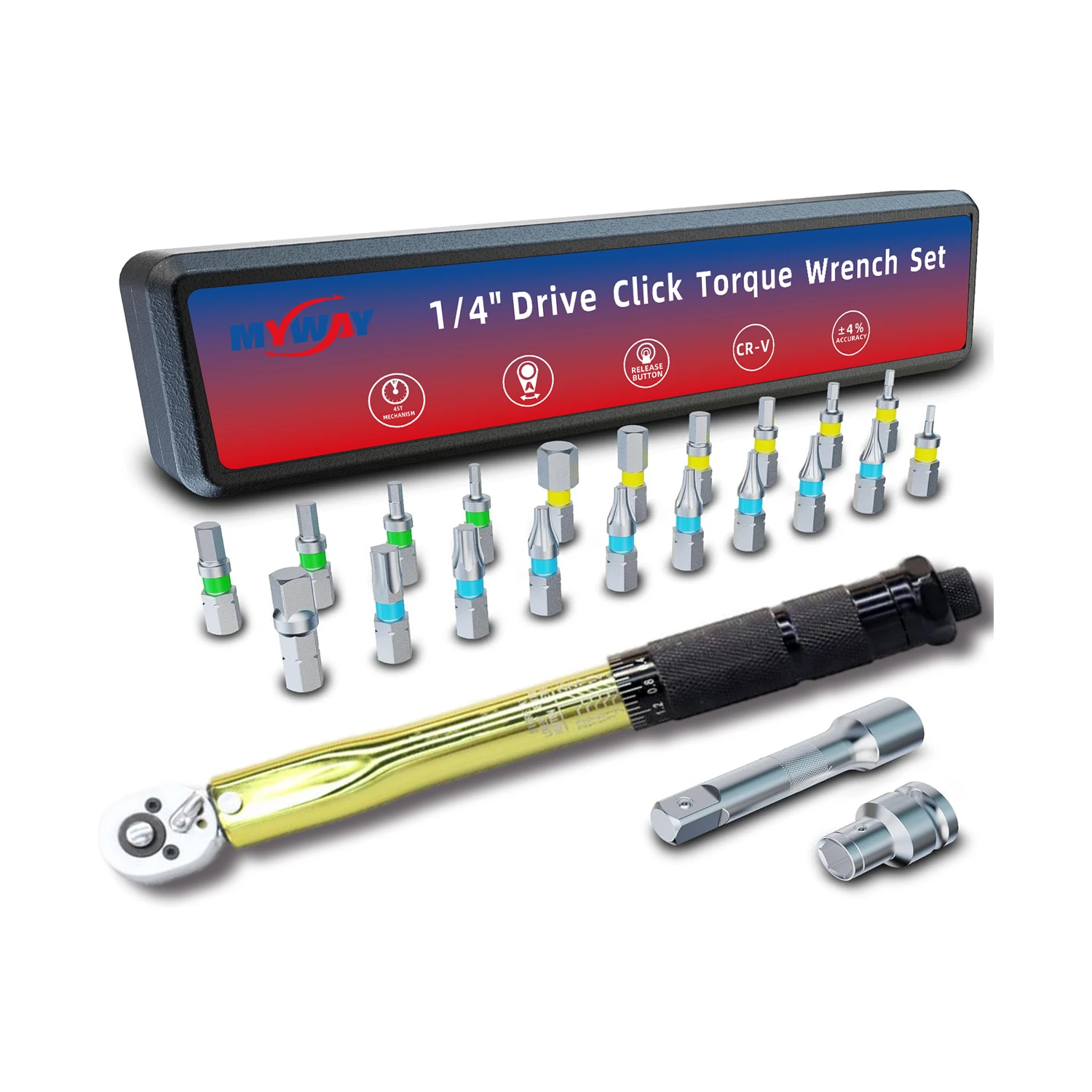 45T CRV 23pcs 1/4' 20-200lb.ft Gold Torque Wrench Set Multi-functional Maintenance Tool Kit Birthday Holiday Gift
