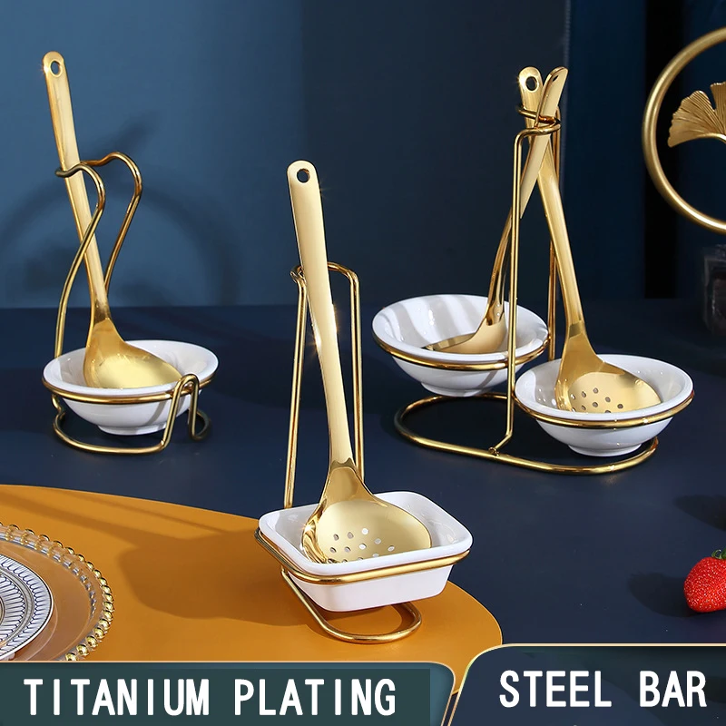 Porte-cuillere Золотой стол из нержавеющей стали ложка стеллаж для выставки товаров металлический держатель Многофункциональные кухонные ковш керамическое блюдо ложки комплект
