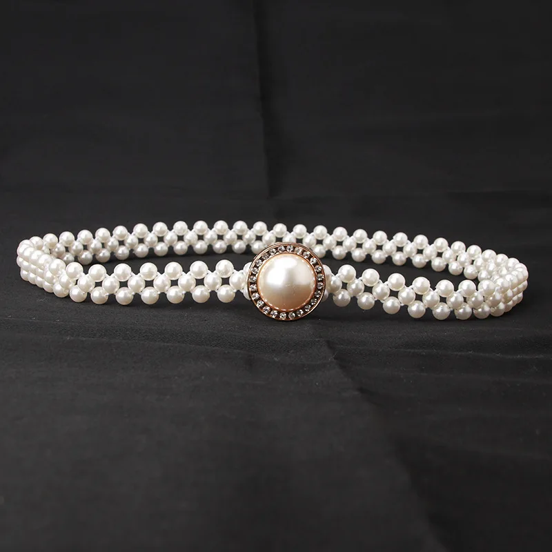 Wholesale Women Vintage Pearl Waist Chain Fashion Rhinestone Pearl Belt Elastic Beaded Belt for Women Dress Accessories
