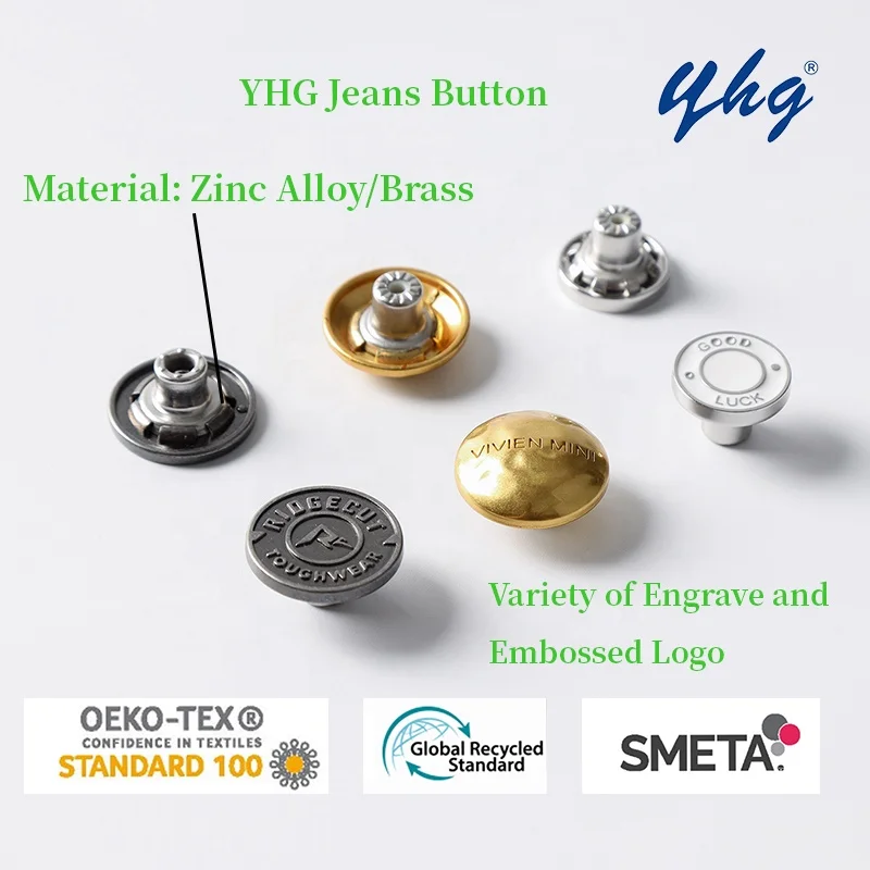 YHG High Quality Embossed Custom Logo Metal Brass Zinc Alloy Botones Vintage Enamel Jeans Button for Pant Clothes