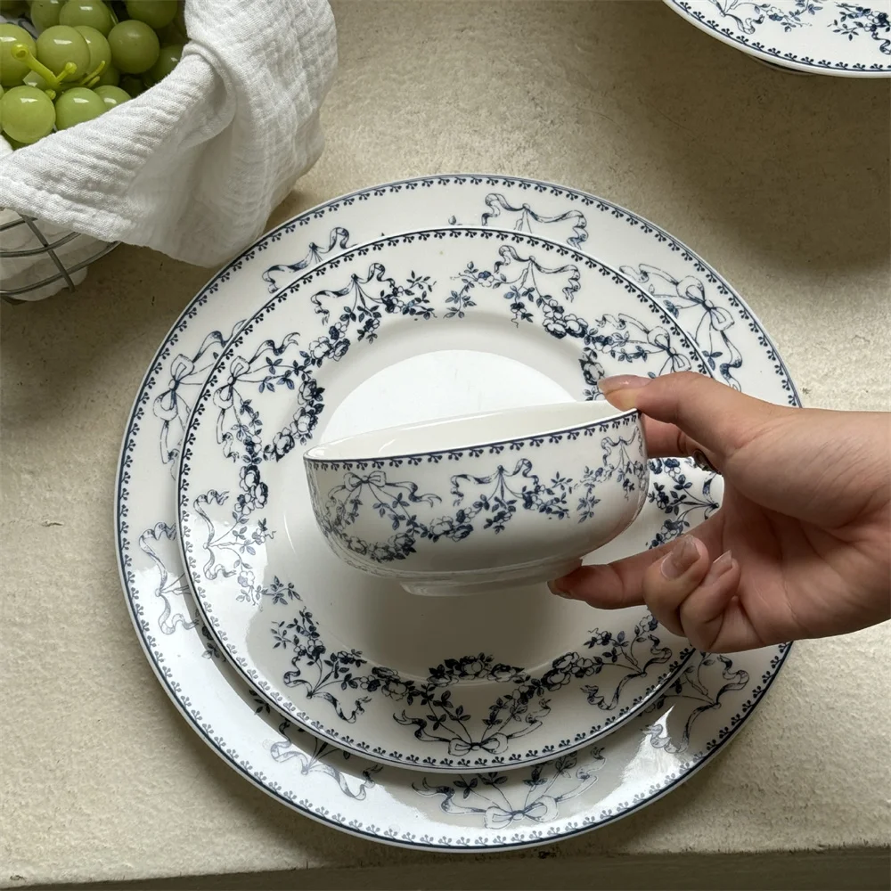 Vintage French Blue Flower Medieval Ceramic Dinnerware Set Porcelain Bowls Dinner Plates Dishes Tea Cups Tableware Sets