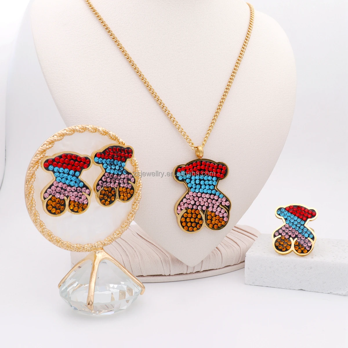 Fashion Kids Gold Plated Girl Stainless Steel Jewelry Ring Enamel Colorful African Set Cute Design Stone Design Jewelry Sets