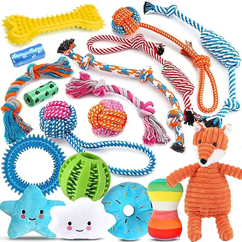 Qbellpet 2024 Custom 18 Pack Teeth Cleaning Aggressive Chew Dog Toy Set Heavy Duty Squeaky Interactive Dog Toys Pet Accessories