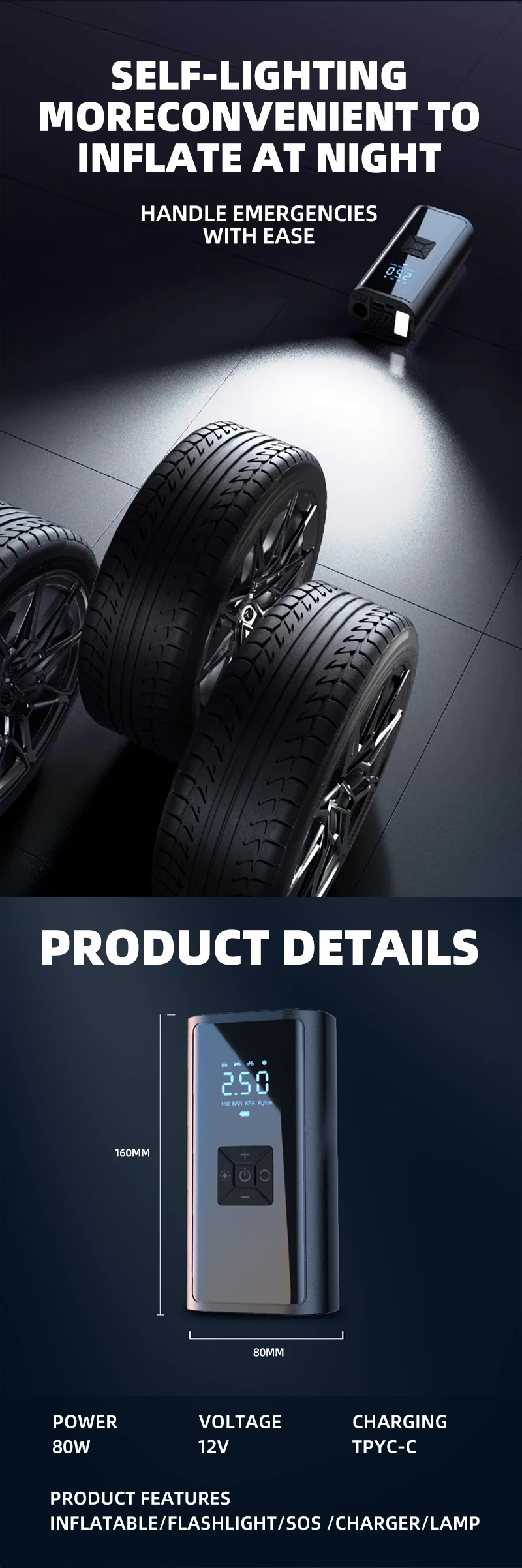 4000 mAh Large Battery Capacity Mini Portable Rechargeable Air Pump Compressor Quickly Inflate High Definition Display Piston