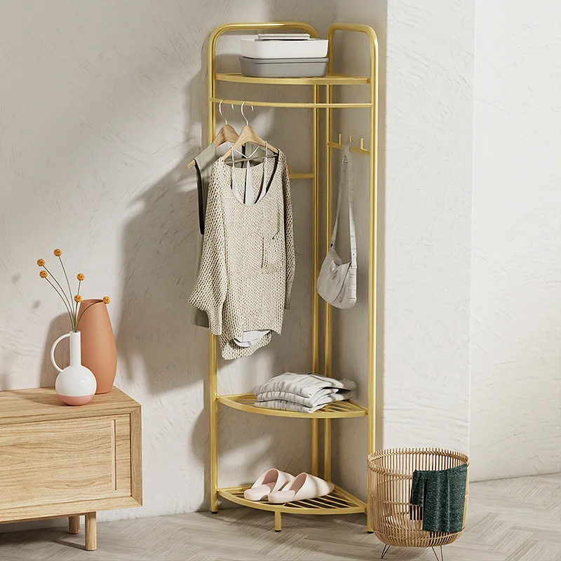Corner Coat and Hat Rack Light Luxury Metal Hanger Floor-to-ceiling Bedroom Creative Clothes, Shoes and Hats Storage Rack