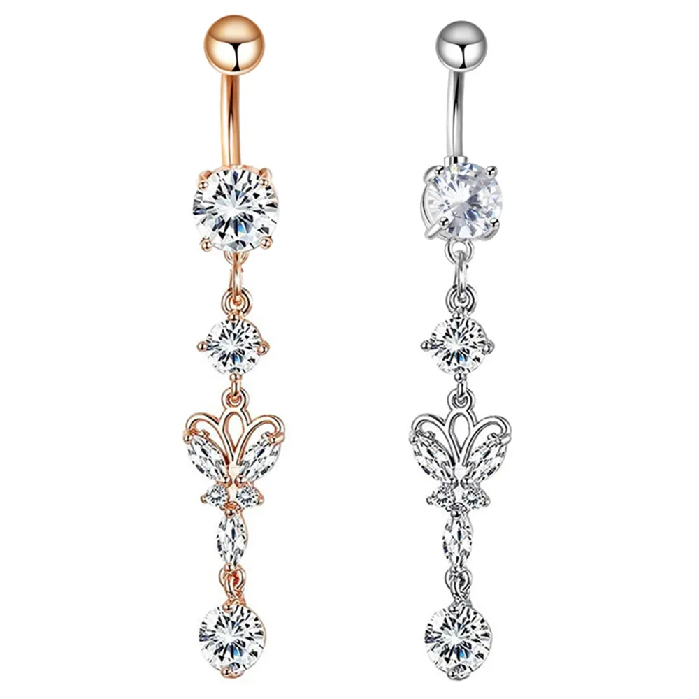 Newly designed 14g navel ring butterfly zircon pendant surgical stainless steel barbell belly piercing navel ring women jewelry