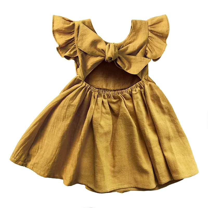 1409 Summer Back Bow Children Girls Flutter Sleeve Princess Dresses Ruffle Sleeve Linen Cotton Baby Kids Dress