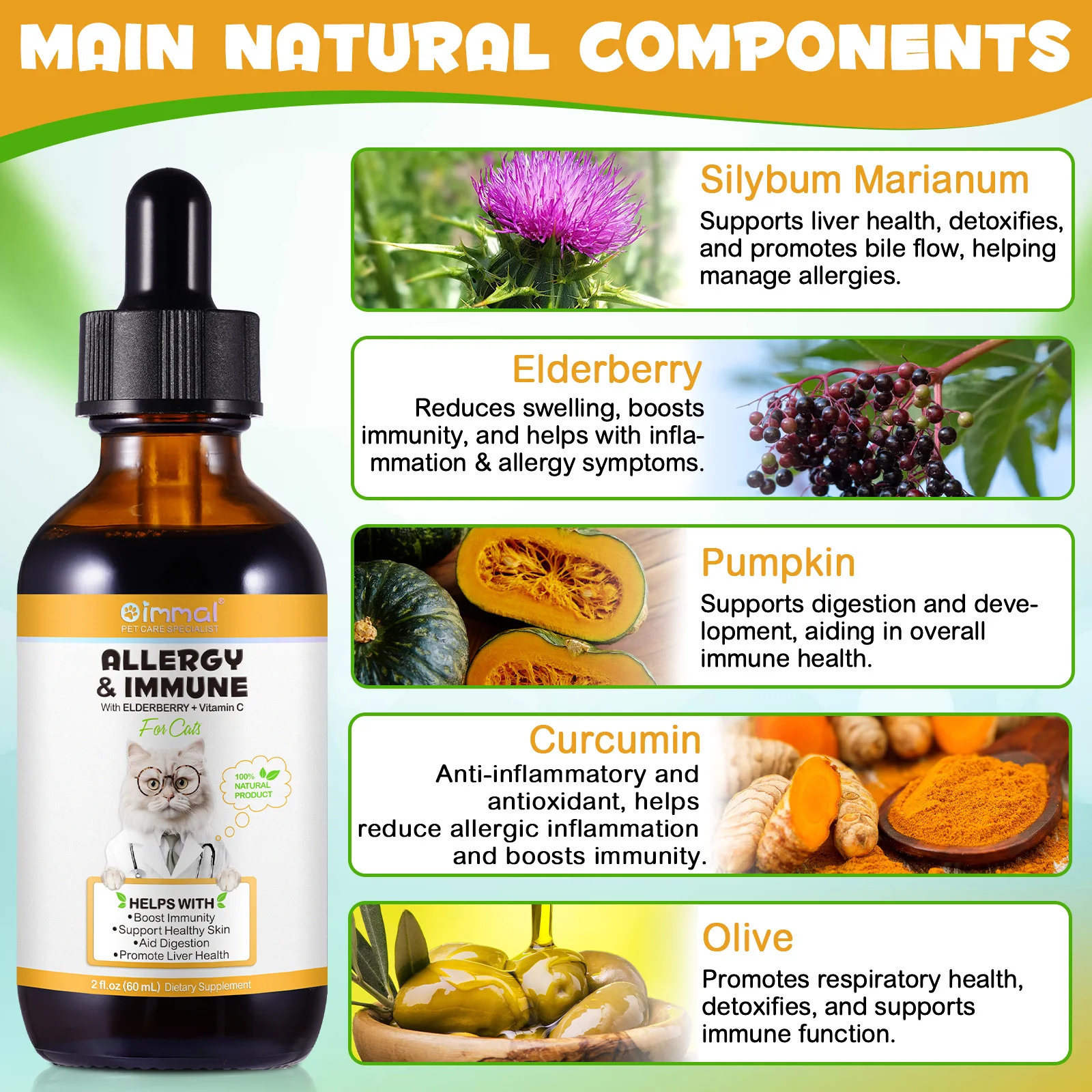 Oimmal 60ml Pet Supplement Digestion Liver Health Anti Itch Skin and Coat Immune Support Allergy Relief Liquid Drops for Cats