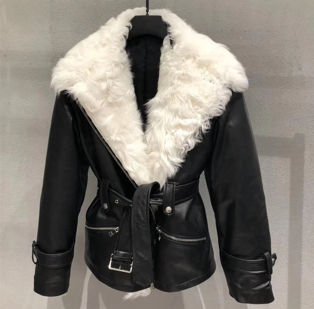 Wholesale Top Quality Women Real Leather Jacket Wool Collar Zipper Motorcycle Designer Classic Brand Ladies Fur Leather Jacket