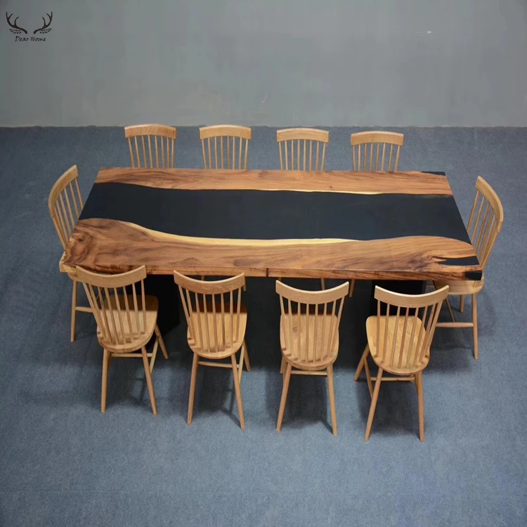 Home walnut table red epoxy resin acacia dining table set wooden dining table top