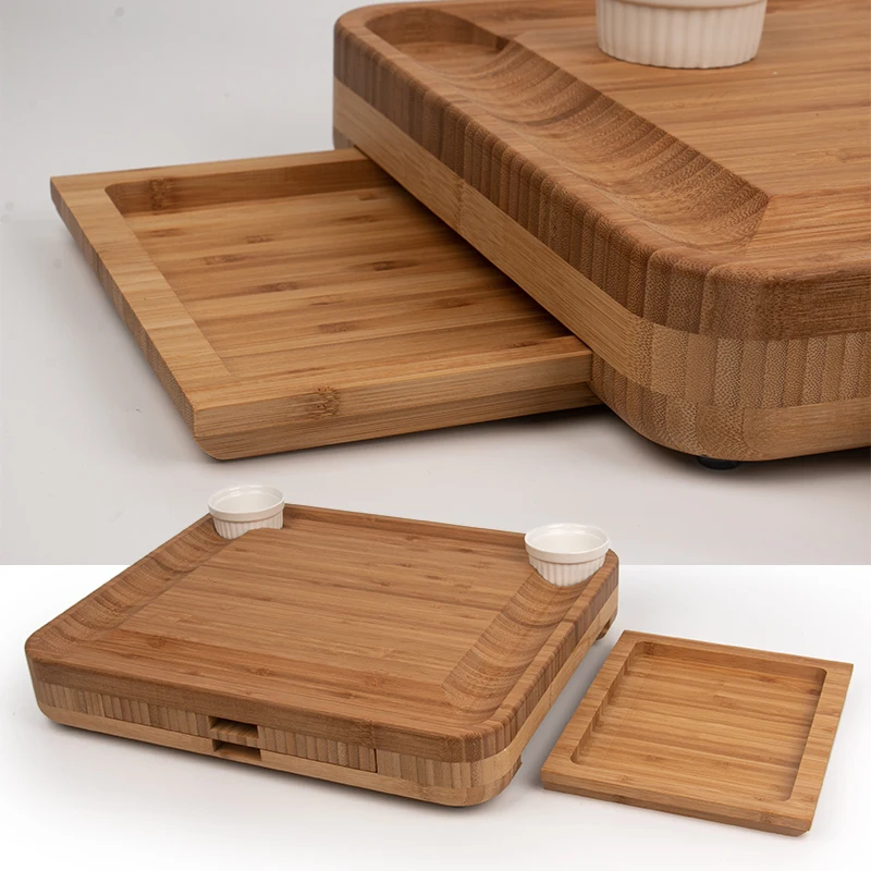 Wholesale OEM Multi-function Bamboo Cheese Cutting Board with Knife Set Tableware Box Ceramic Bow 3 Drawers