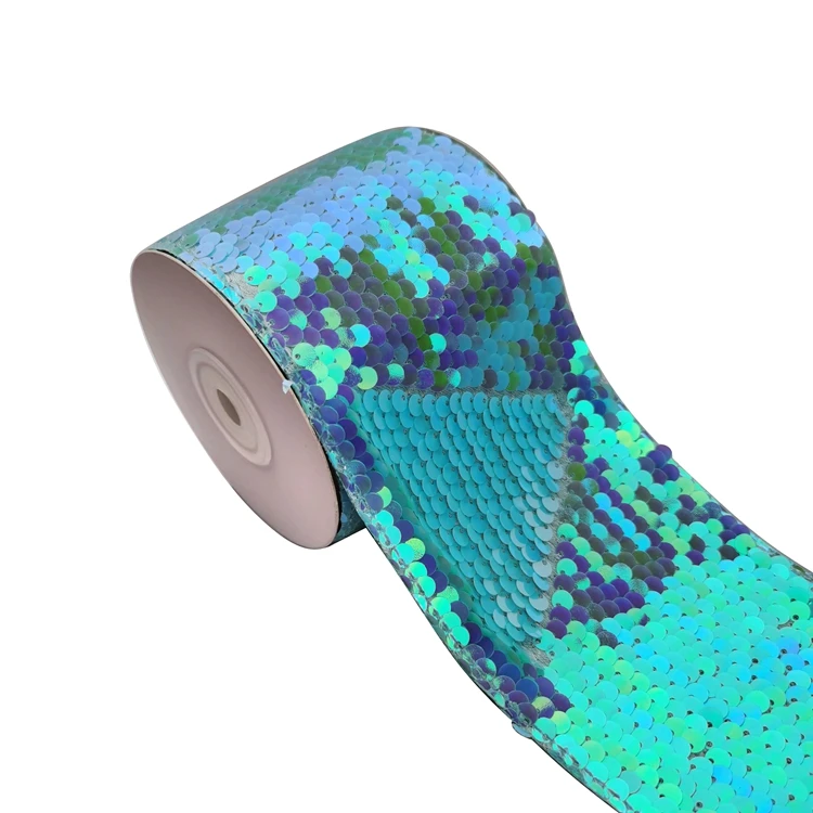 
75mm Hair Accessories Blue Color Sequin Reversible Ribbon For Decoration 