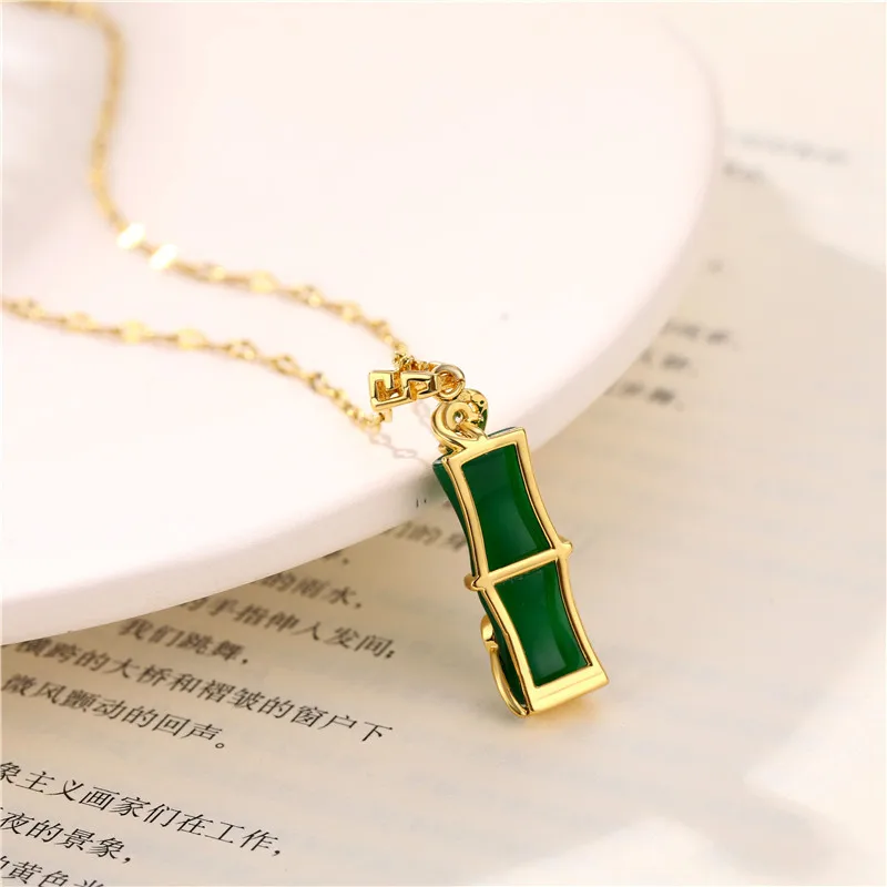 Gold Plated Stainless Steel Long Bamboo Shape Charm Pink Natural Jade Pendant Necklace