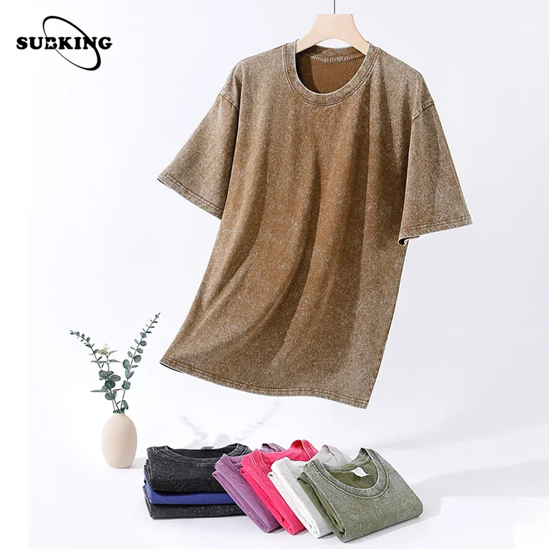 Streetwear hip hop Oversized 100% Cotton Blank T Shirt Custom logo puff printing Distressed Faded Vintage Acid Washed T Shirt
