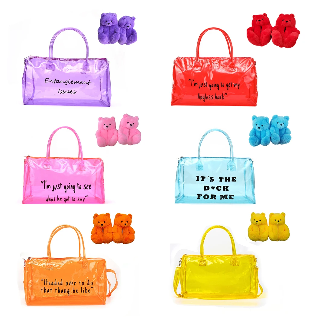 Teddy bear slippers matching candy color transparency bag sets furry slippers for women girl slides slippers with pink bags