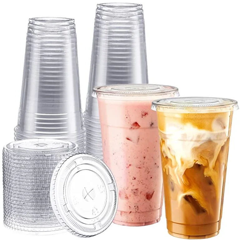 Party Plastic Wine Glasses Disposable Clear Juice Coffee Smoothie Cup Take Away Plastic Cup With Flat Dome Lid