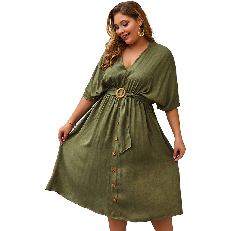 Frock Design Summer Large Size Half Sleeve V Neck Midi Buttondown High-Quality Dresses With Belt African Clothes For Women