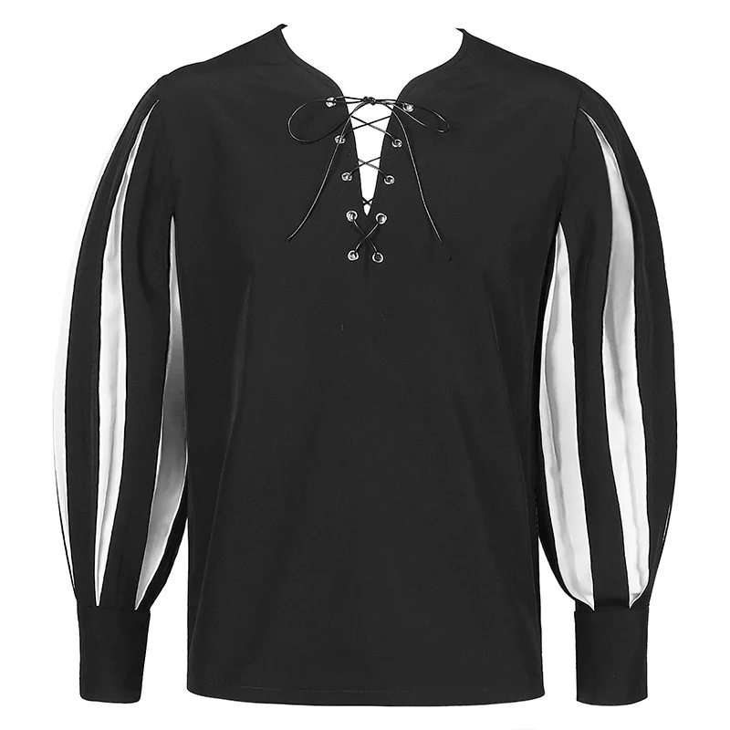 Medieval Shirts Men Pirate Costume Gothic Clothing Steampunk Pirate Tops Ruffled Sleeve Drawstring Knight Cosplay Halloween