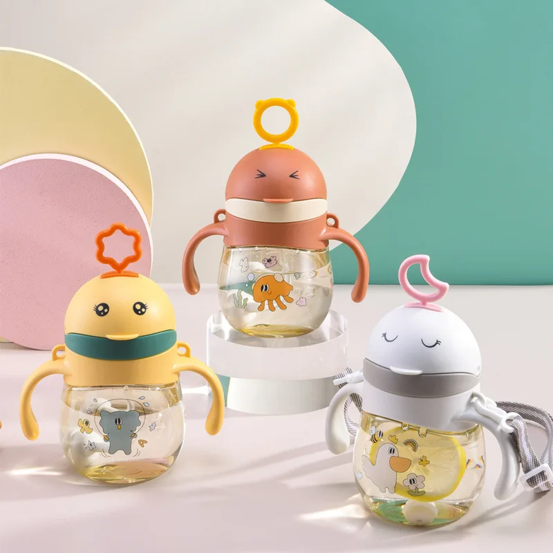 Kids Children Cartoon Animal School Drinking Water Straw Bottle Gravity Ball Straw Baby Cup with Shoulder Strap Water Bottle