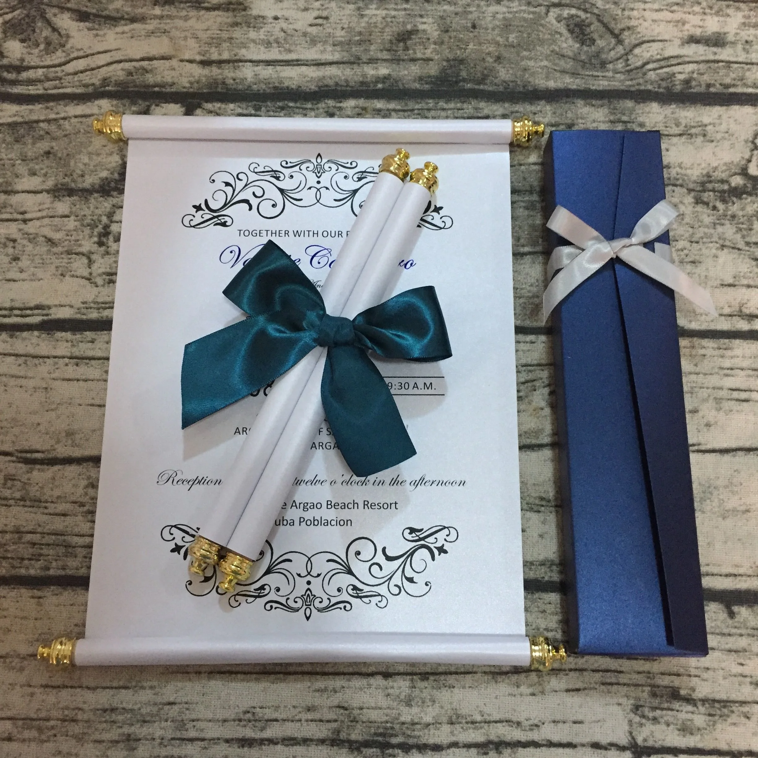 metal bar scroll square box with butterfly ribbon wedding invitations card