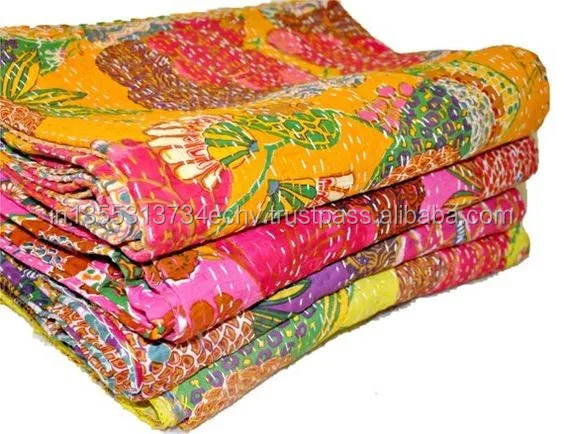 Индийское винтажное одеяло Kantha двустороннее из 100% хлопка