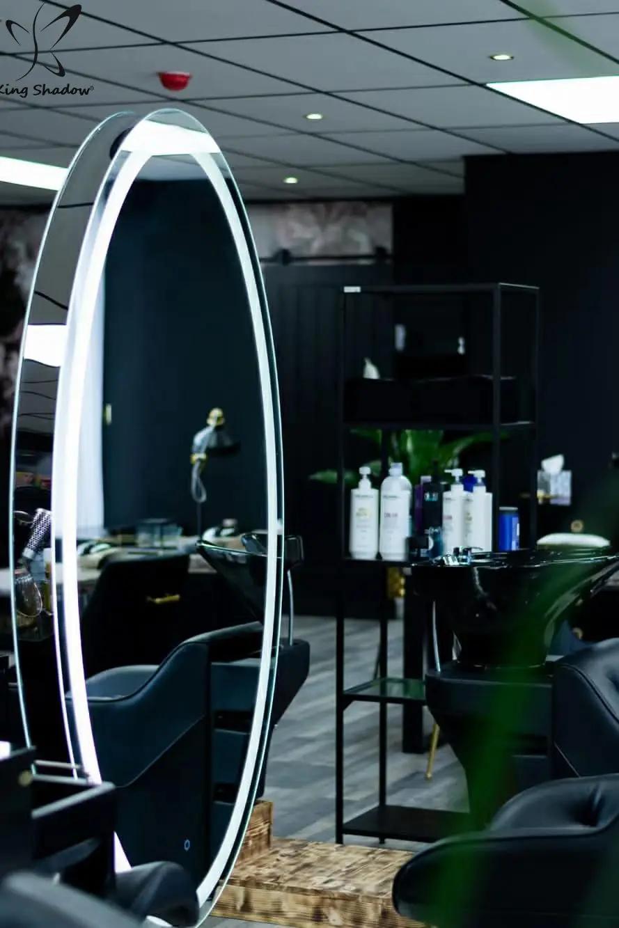 Мебель для салона двухсторонние светодиодные зеркала макияжа станции укладки станция косметических зеркал овальная металлическая красоты Современный уход за волосами