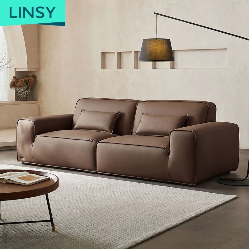 Linsy Luxury big black leather living room sofa furniture villa sofa Italian design sectional couches